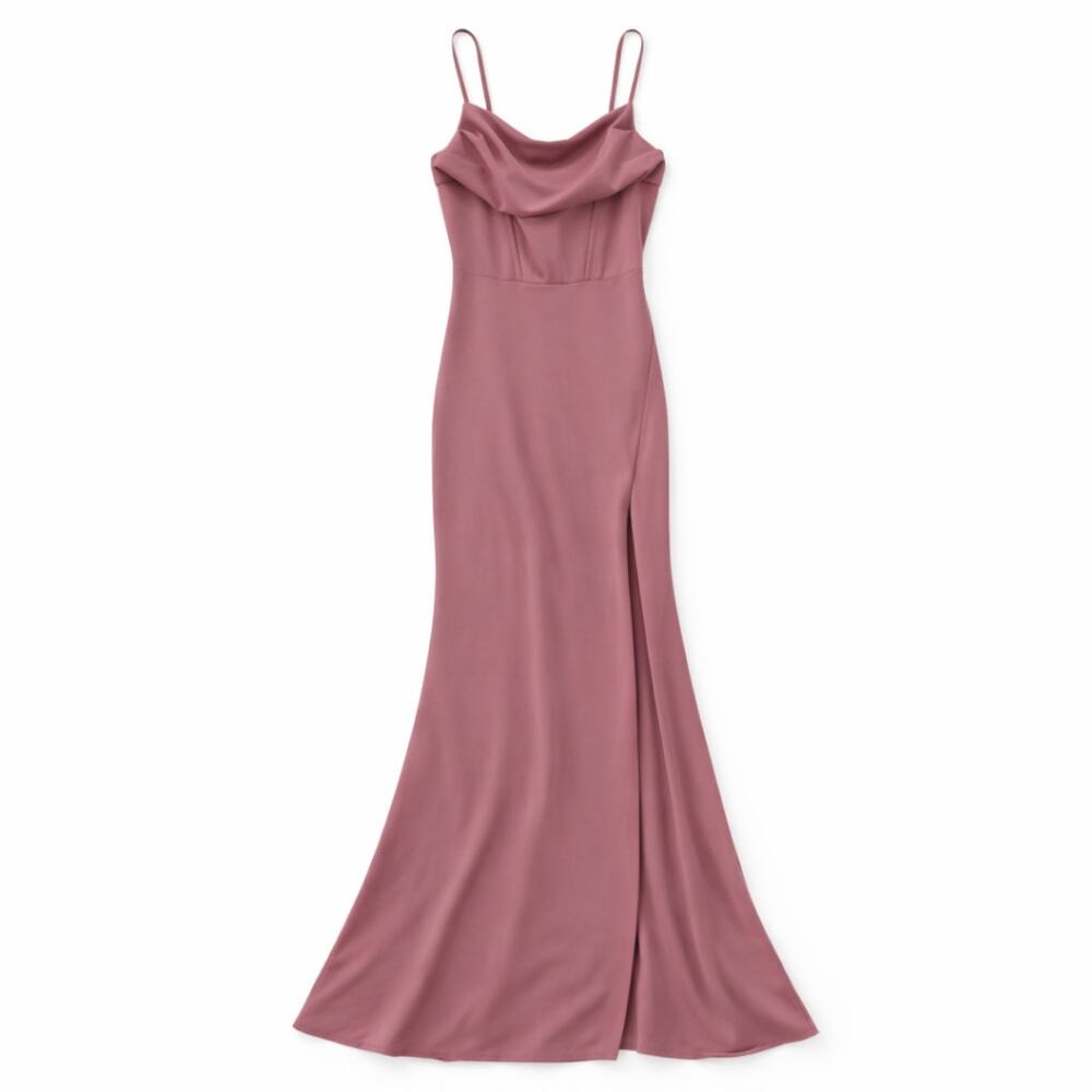 Elegant rose soft pink evening gown dress draped cowl neck spaghetti straps